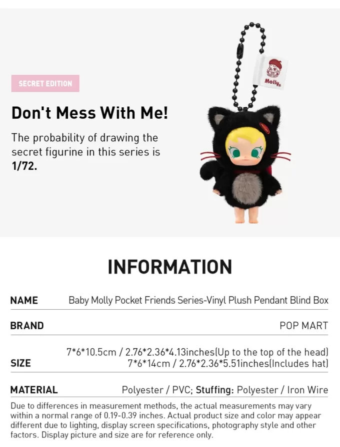 Caixa surpresa com pingente de pelúcia de vinil Baby Molly Pocket Friends Series